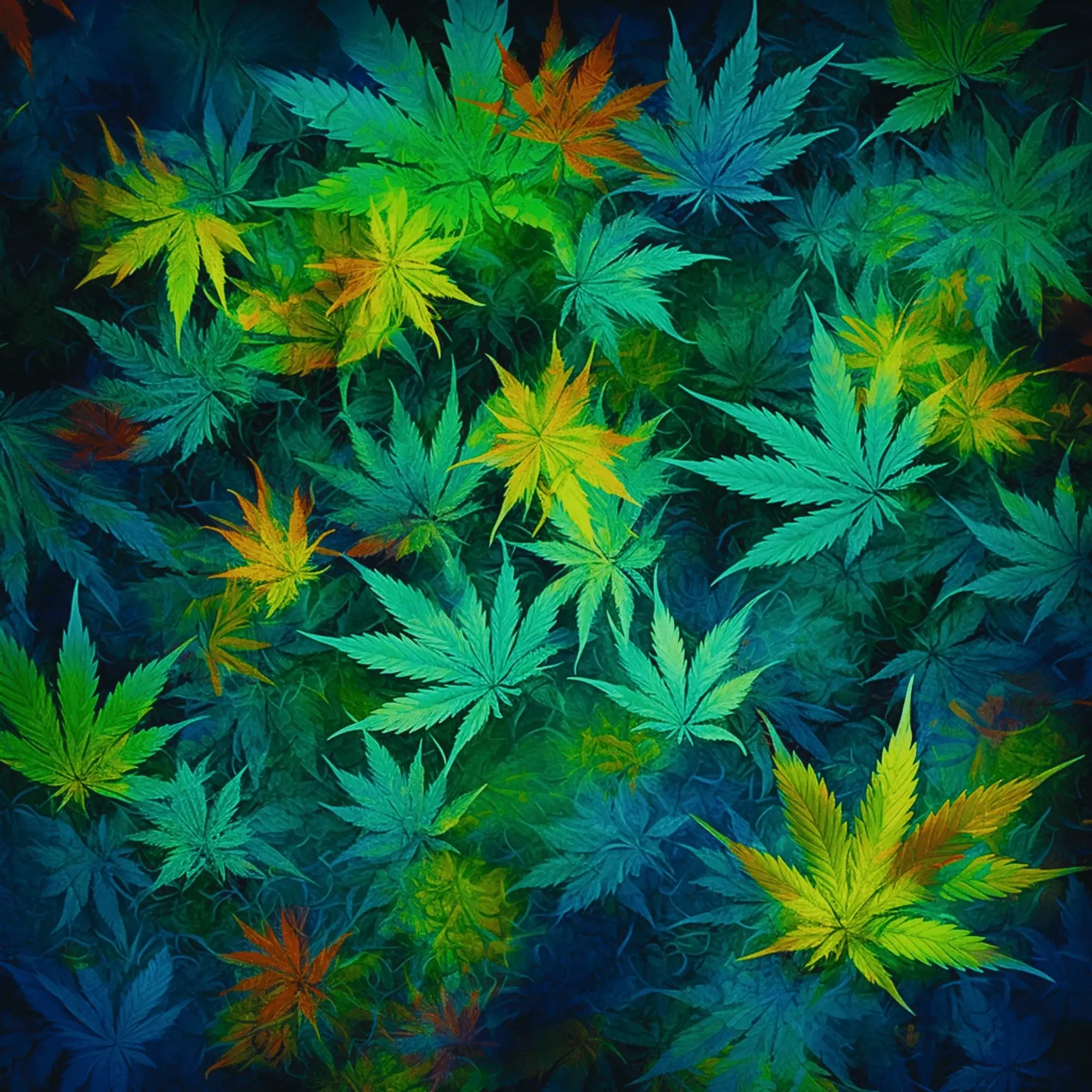 Hemp leaves different colours spread out