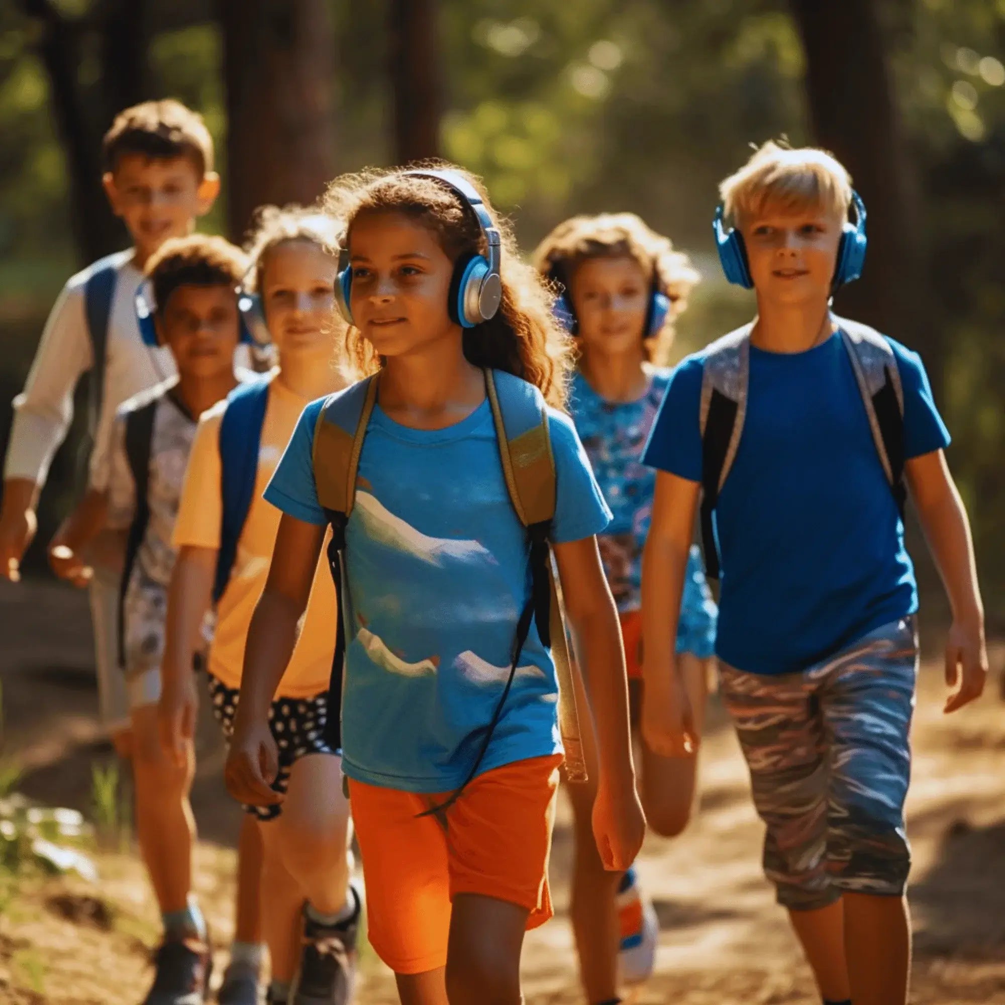 Children walking healthy in forest