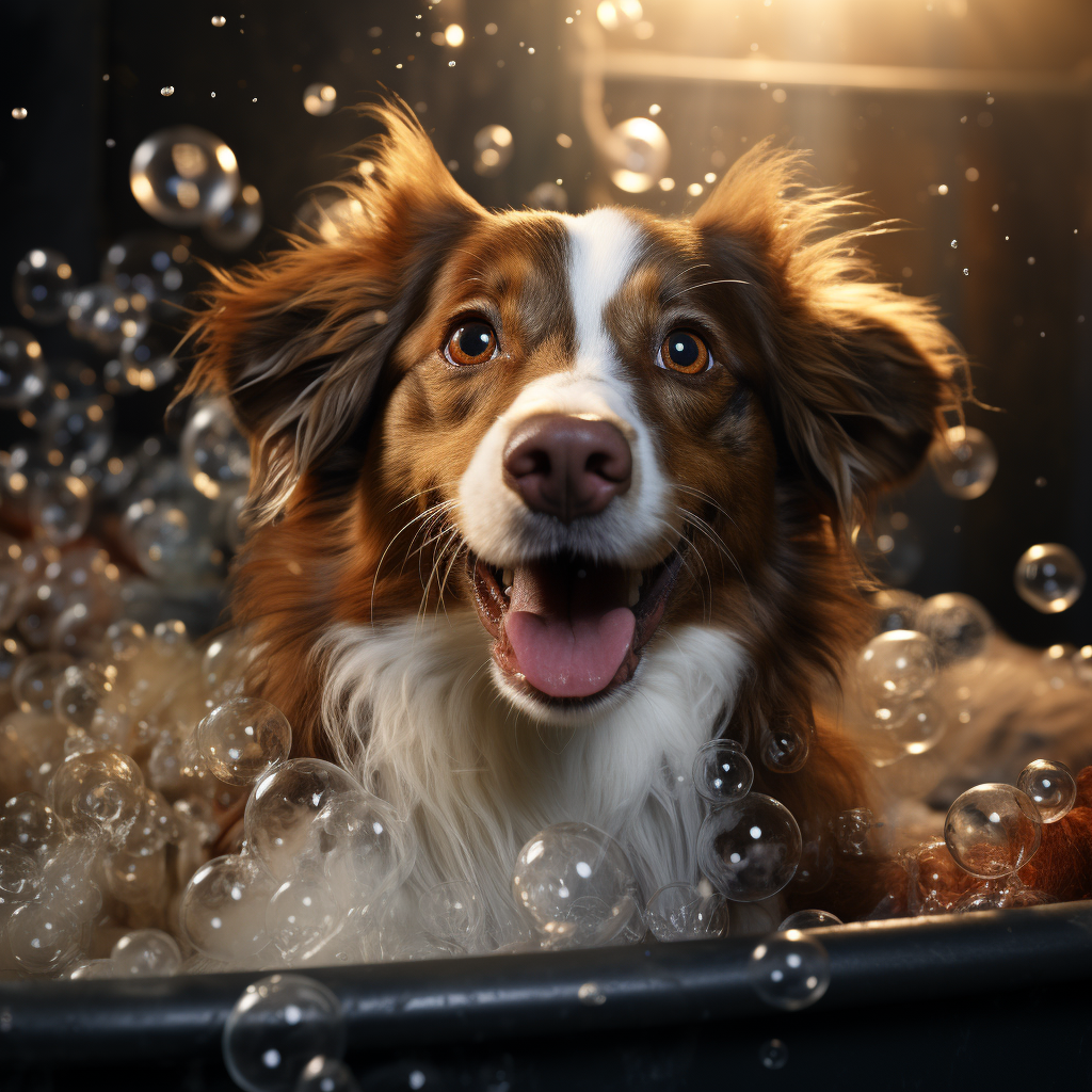 A happy dog having a bath
