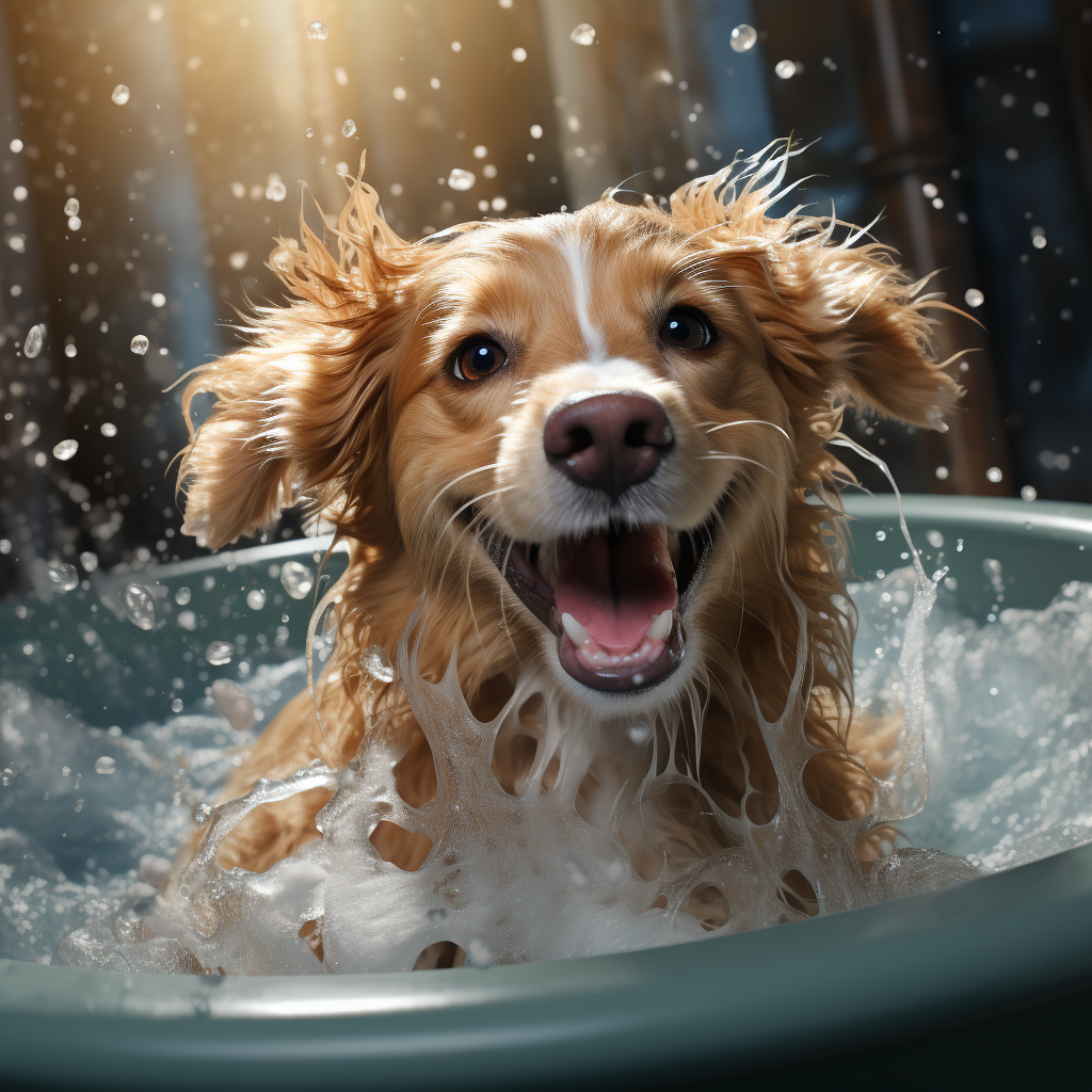 A happy dog enjoying a bath