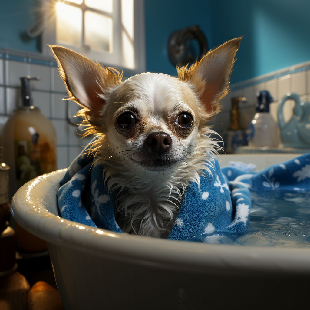 Cute chihuahua having a bath