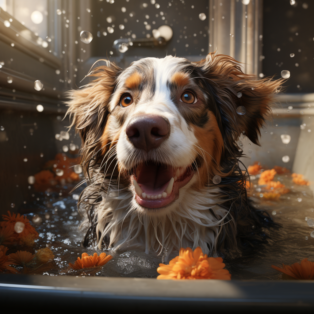 A cute dog having a bath