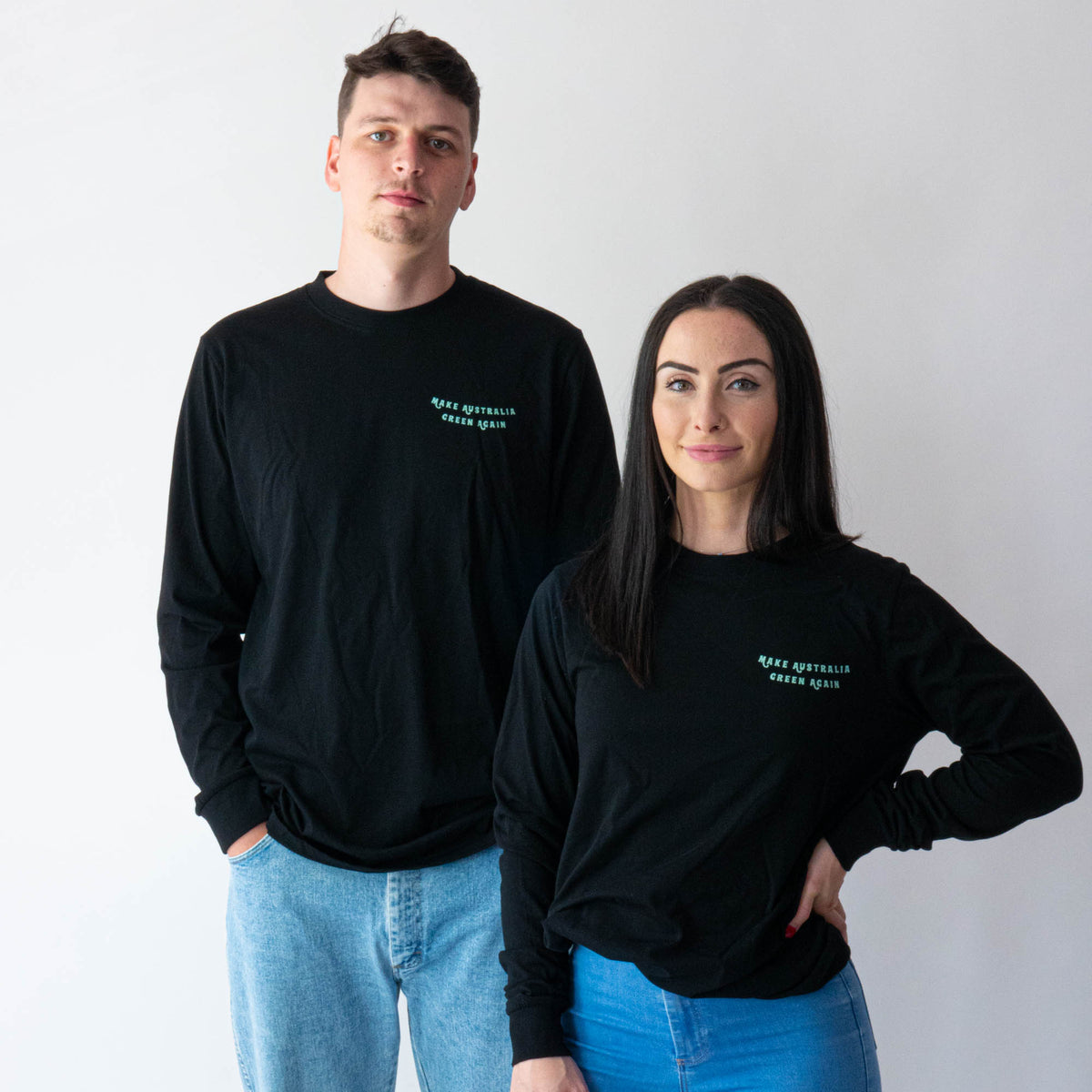 Couple wearing Love Your Greens Black Cotton Longsleeve