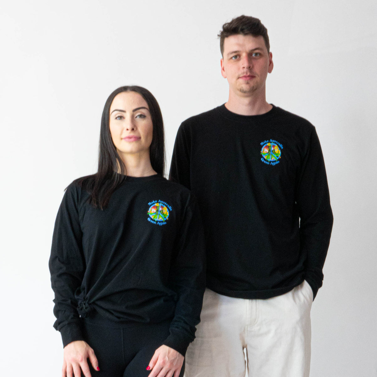 Couple wearing black Green Peace Cotton Long Sleeve T-shirt
